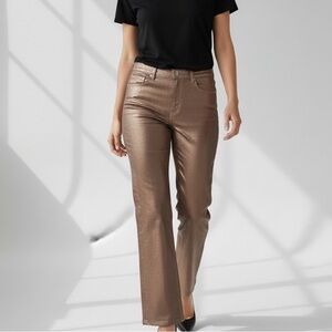 Paige Leenah Luxe Coated Shimmery Metallic High Rise Wide Leg Jeans 32 Rose Gold